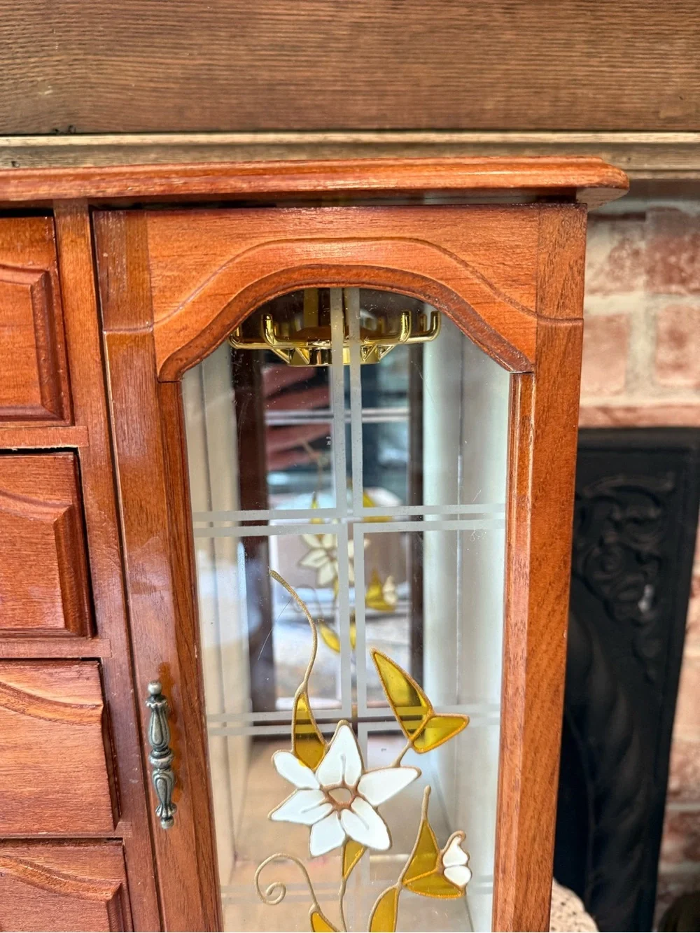 Vtg Wooden Jewelry Box Armoire Chest with Faux Stained Glass Door